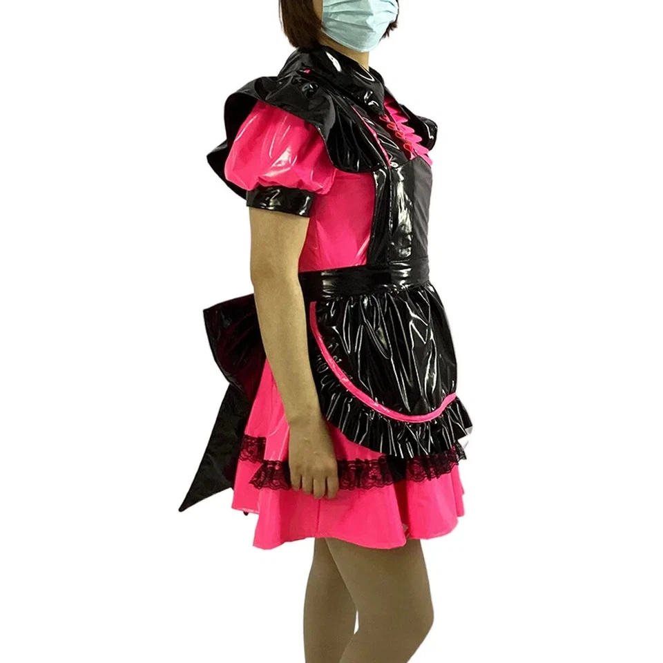 Vestido de criada plisado bloqueable con delantal dulce lazo grande línea A PVC uniforme de criada 7XL Foto 3 de 4