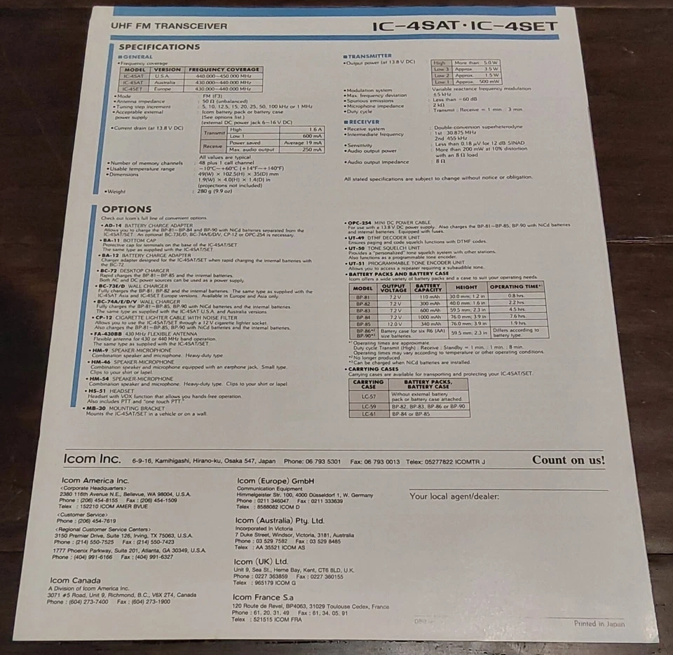 Folleto Transceptor UHF FM De Colección ICOM IC-4SAT/IC-4SET  Foto 2 de 2
