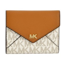 NEW MICHAEL KORS MEDIUM BROWN LEATHER+WHITE ACORN PVC TRI-FOLD ENVELOP WALLET