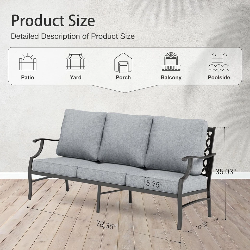 Patio Furniture 3 Seater Metal Outdoor Sofa Couch Deep Seat Conversation Set - Image 4 of 4