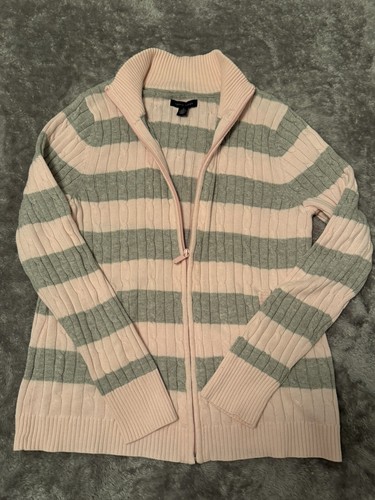 Tommy Hilfiger Pink & Gray Women’s Striped Zipper Sweater Size Medium Pockets - Picture 4 of 14