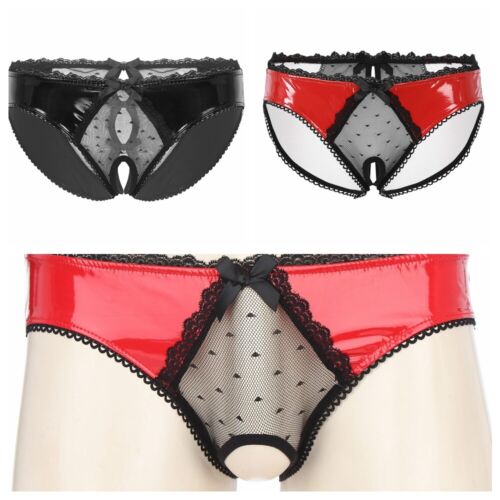 Bikini slip uomo intimo sexy pvc pelle perizoma sissy aperto all'uncinetto mutandine - Foto 4 di 28