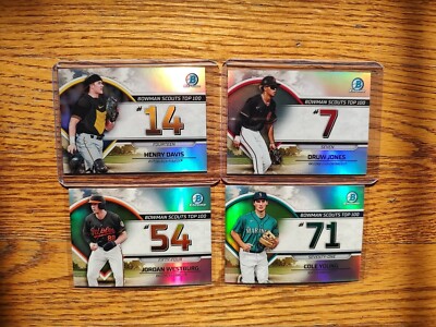 (4)  2023 Bowman Chrome Scouts Top 100 Druw Jones BTP-7  Cole Young Henry Davis