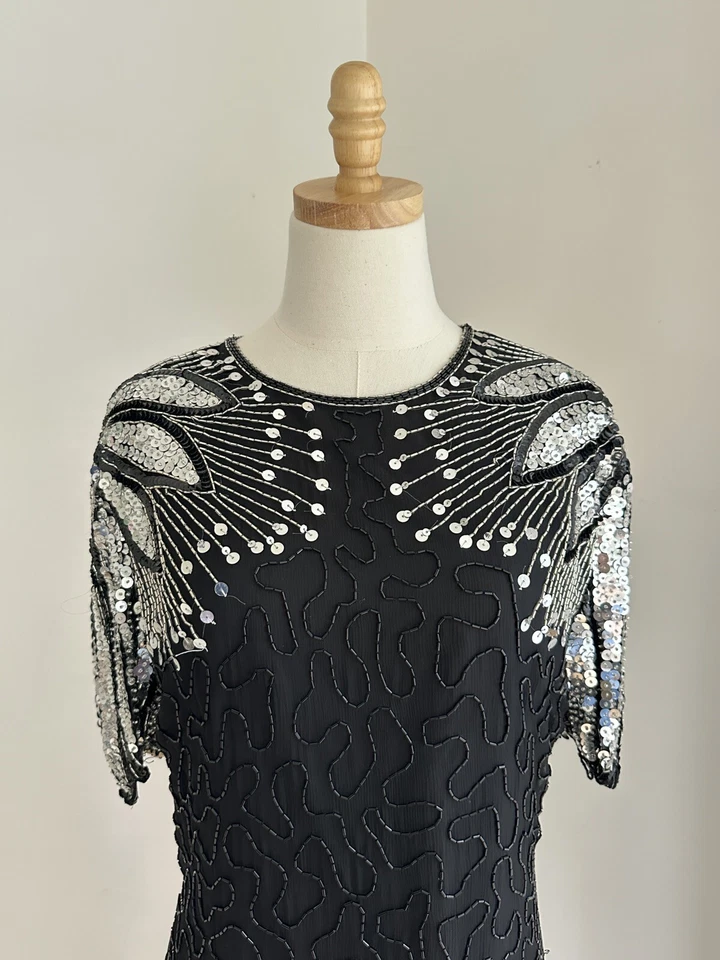 Vintage Scala Black & Silver Sequin Sheath Dress Size XL 80s Disco - Image 2 of 4