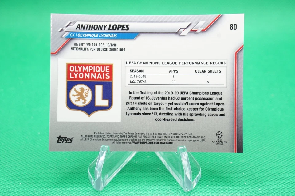 (2 Cards) 2019-20 Topps Chrome Sapphire UEFA Base #80 Anthony Lopes CDW - Image 4 of 4