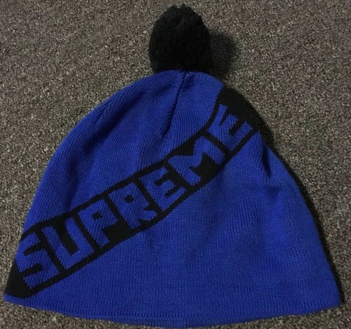 Vtg Supreme Spellout Pom Beanie Blue 