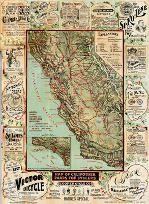  Map of California Roads for Cyclers, 1896 Blum Art Print Bicycle Poster 37x51
