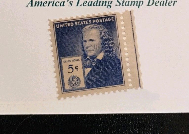 US Elias Howe Historical Figures 5c Postage Stamp, Blue/Tan, Mystic ID Card