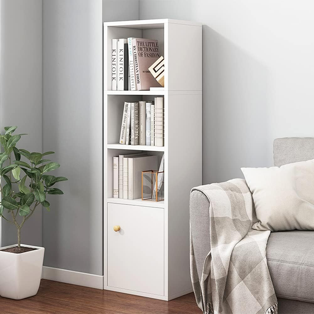 47" Tall Narrow Corner Bookcase with 4 Open Shelves and Door in White