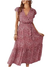 Tie Front V-Neck Sh/Sl Floral Print Long Midi Dress Medium Boho Burnt Orange