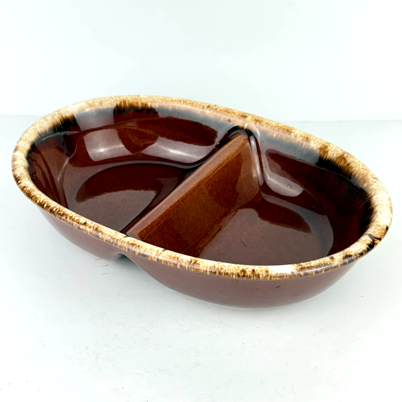 Hull Pottery Divided Serving Bowl Brown Drip Glaze Oven Proof USA Vintage MCM