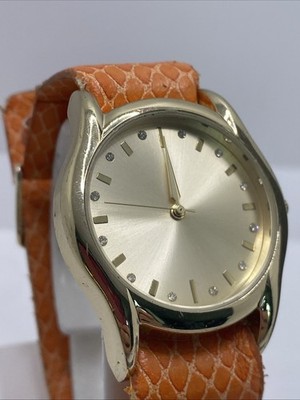 Womens Gold Tone Orange Band Watch New Battery