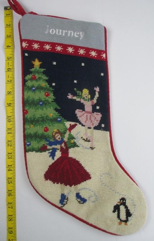 LANDS END Ice Skaters Wool Needlepoint Christmas Stocking Flawed JOURNEY