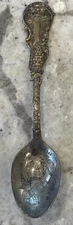 Antique Merry Xmas / Happy New Year 4-Spoon W/ Santa Tree Stocking Sled Pat 1899