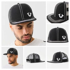 True Religion Trucker Hat Black/White Stitch Limited Retro Logo Snapback Cap New