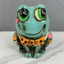 Vintage 60s-70s  Mod Teal Blue Smiling Frog Coin Bank Flower Power Groovy