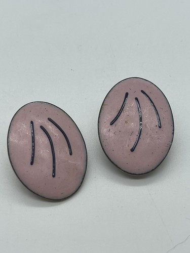 Pink Oval Cufflinks & Clip On Earring Set Copper Tone VINTAGE His & Hers Set - Picture 2 of 7