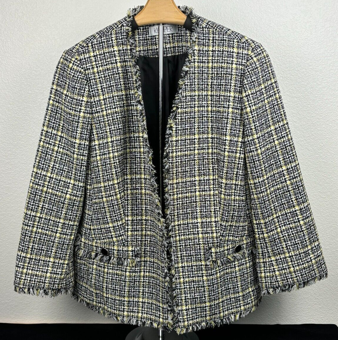 Kasper Womens Open Front Tweed Blazer Jacket Size 8 Fringe Trim Career Old Money