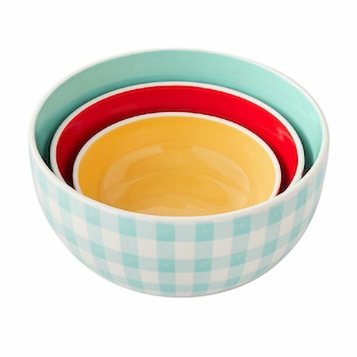 New Pioneer Woman 3 Piece Floral Check Ceramic Lidded Bowl Set - Nesting,Country - Picture 4 of 5