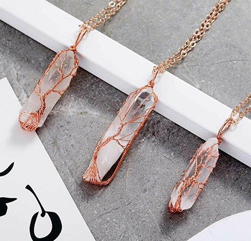 Natural Tree of Life Wire Wrap Rose Crystal Quartz Pendant Necklace Healing Gift - Picture 7 of 15