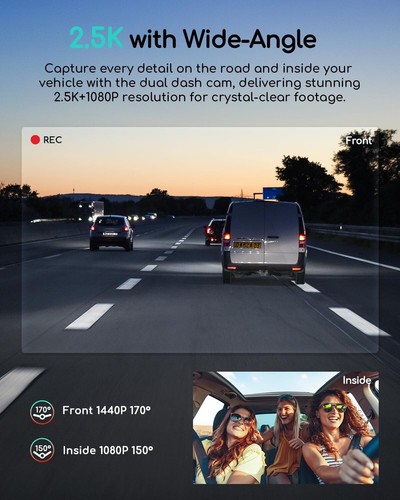 COOAU 2.5K Front and Inside WiFi Car Dash Camera Built-in GPS Loop-Recording - Picture 3 of 9