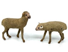 Antique Sheep Pair 1930s Flocked Composite Germany 2in Nativity As Is cracks
