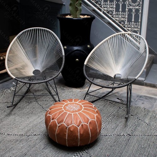 Brown Boho Round Unstuffed New Leather Moroccan Pouf Handmade - Picture 3 of 6