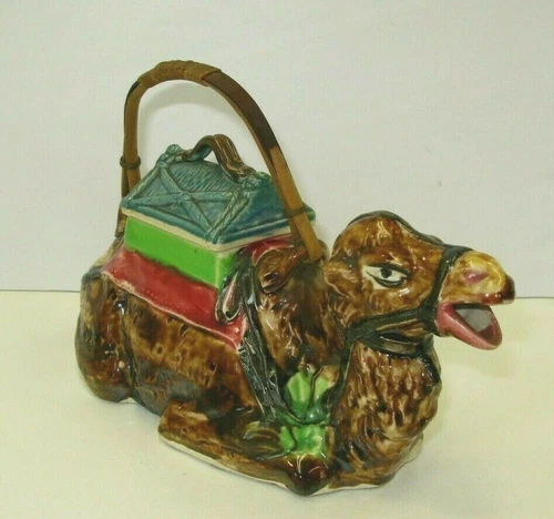 Vintage Majolica Color Figural Figure Camel Teapot Art Deco 1930s Antique Bamboo