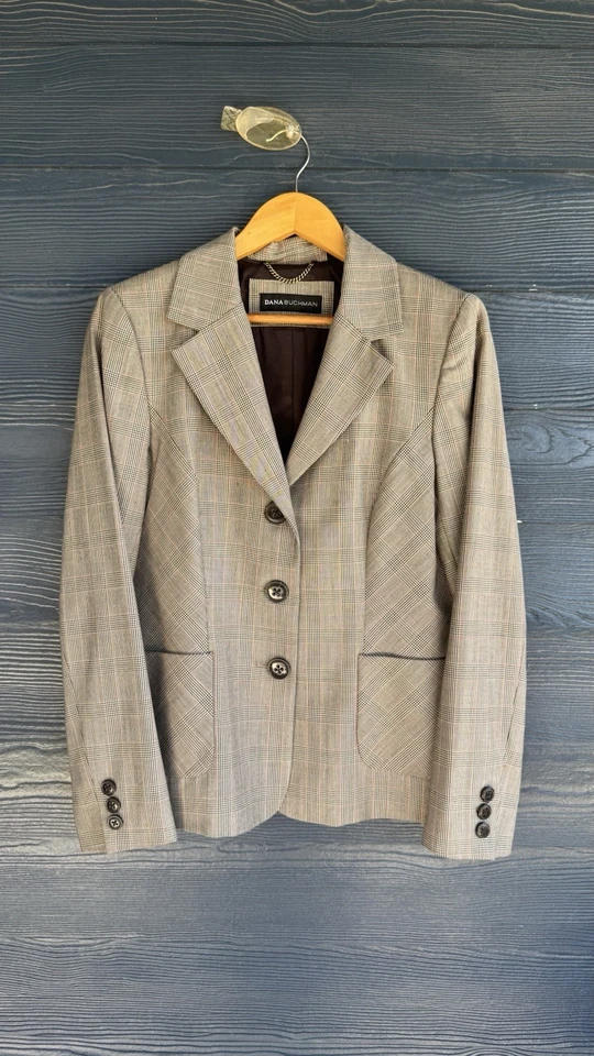 Blazer a cuadros Dana Buchman chaqueta de carrera oficina academia lujo talla 12 Foto 2 de 4