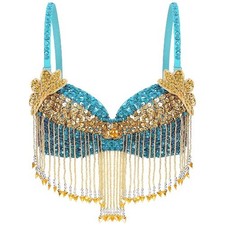 Womens Sequins Belly Dance Tops Raves Festival Party Clubwear Beaded Tassels Bra