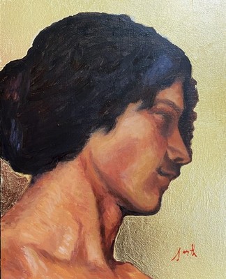 Ölgemälde Studie Kopf eines Mannes Legros Portrait auf Blattgold. Fertig gerahmt.
