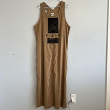 Vintage 90s Faux Suede Jumper Maxi Dress Sz 14 USA Made Tan Festival Retro