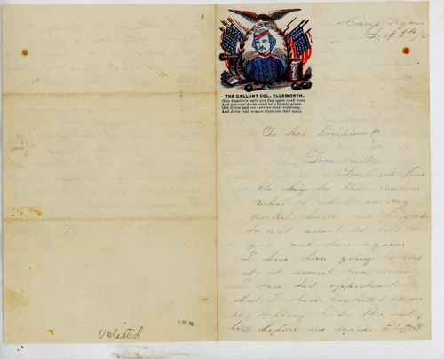 Civil War Patriotic Lettersheet Used with letter Col. Ellsworth