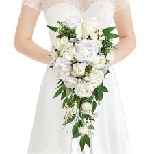 Wedding Bouquets for Bride, White Cascading Bridal Bouquet Artificial Flowers...