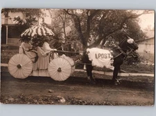 c1910 Horse Drawn Parade Float Floral Umbrella Carriage “I Post” RPPC Real Photo