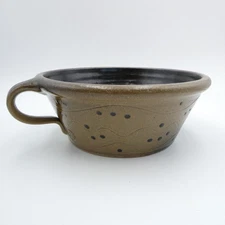 Salt Glazed Pottery Handled Bowl Dish Polka Dot Squiggle Artist Signed CSC