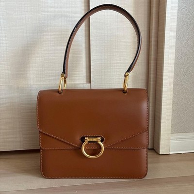 CELINE Vintage Beautifhl Brown Leather Flap Bag Gancini Logo Gold HW Authentic