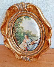 Vintage Bild ovaler vergoldeter Rahmen Seidenbild Motiv Mädchen mit Gitarre