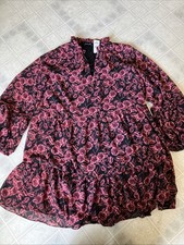 Romantic Express Long Sleeve Floral Print Mini Dress sz Medium Black Pink Floral