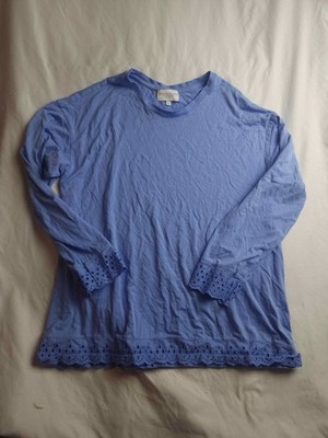 Hammacher Schlemmer Eyelet Top Shirt Womens Medium Blue Classic Long Sleeve 