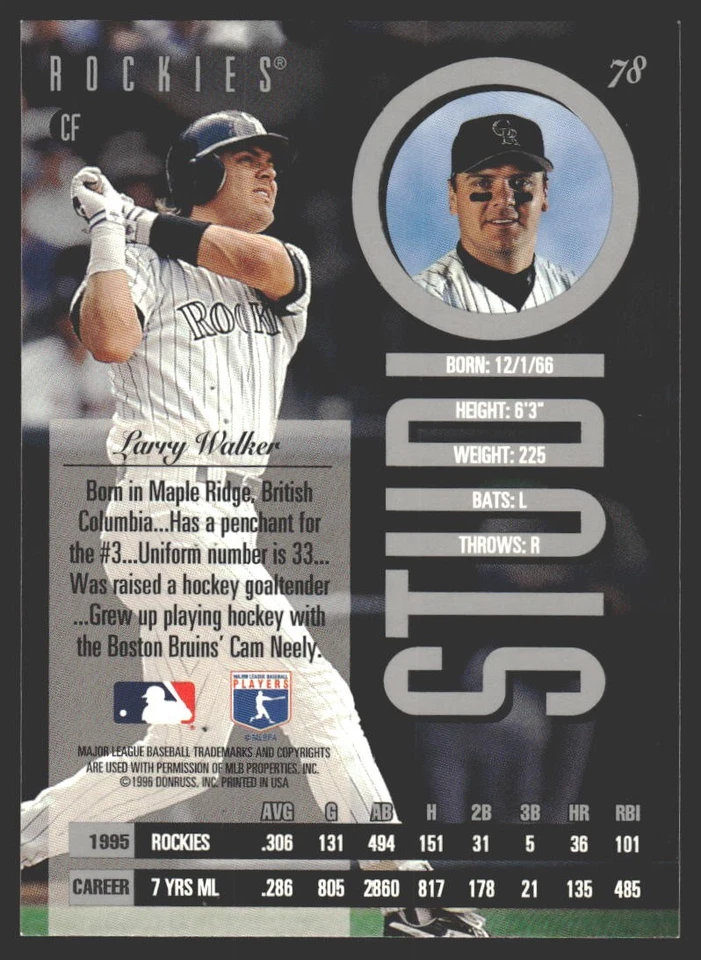 Larry Walker #78 1996 Studio Colorado Rockies - Image 2 of 2