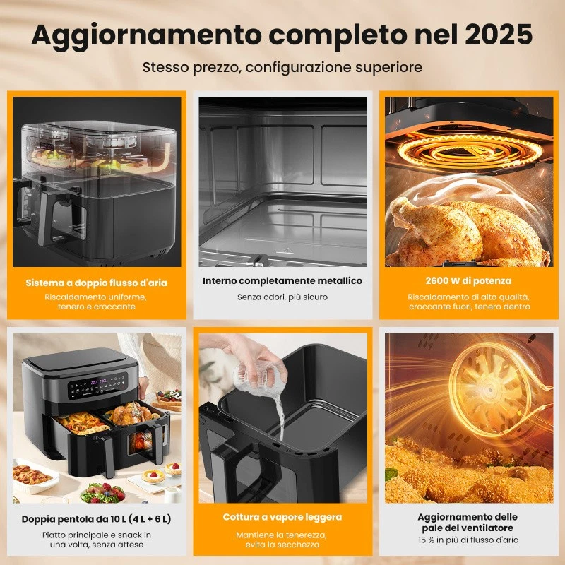 Friggitrice ad Aria Doppio Cestello Capacità 10L 12 Programmi 2800W Dual ZonePro - Immagine 3 di 4