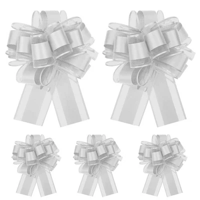 Lot de 5 Grands nœuds à Tirer, 15 cm, Ruban argenté pour Voiture de Mariage - Photo 1/4