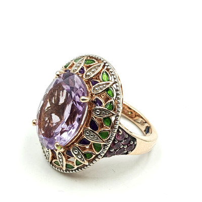 TJC Sterling Silver 925 Vermeil Amethyst Garnet Green Enamel Ring Sz 6