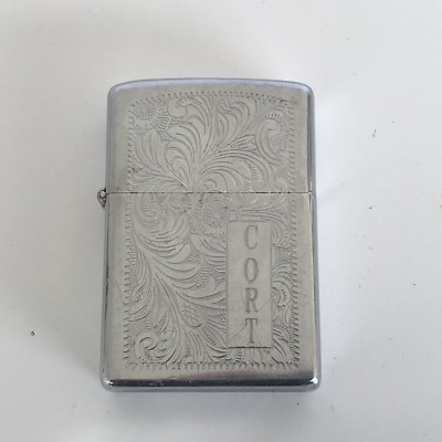 Vintage 1990s Zippo Scrolled Chrome Lighter Monogramed CORT  2 1/4'' X 1 1/2''