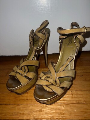 YSL Sandals Yves Saint Laurent Suede Leather Tribute T-Strap heel shoe US 7