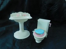 Vintage White Bathroom Dollhouse Furniture Plastic Toilet Sink