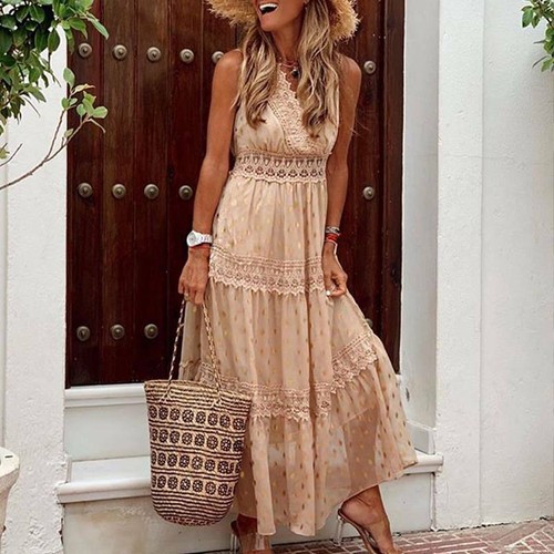 Damen Sommer Lang Maxikleid Abendkleid Ärmellos Boho Kleider Lounge  Strandkleid | eBay