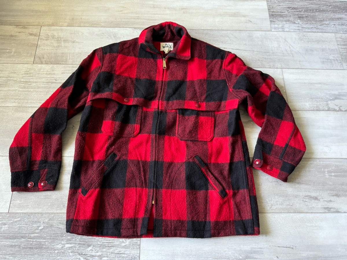 Vtg Woolrich Wool Jacket Mens 44 Zip Mackinaw Red Black Vtg Woolrich Wool Jacket Mens 44 Zip Mackinaw Red Black