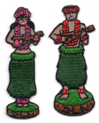 SET of HULA DANCERS & UKELELE HAWAIIAN LEI Embroidered PATCHES Applique